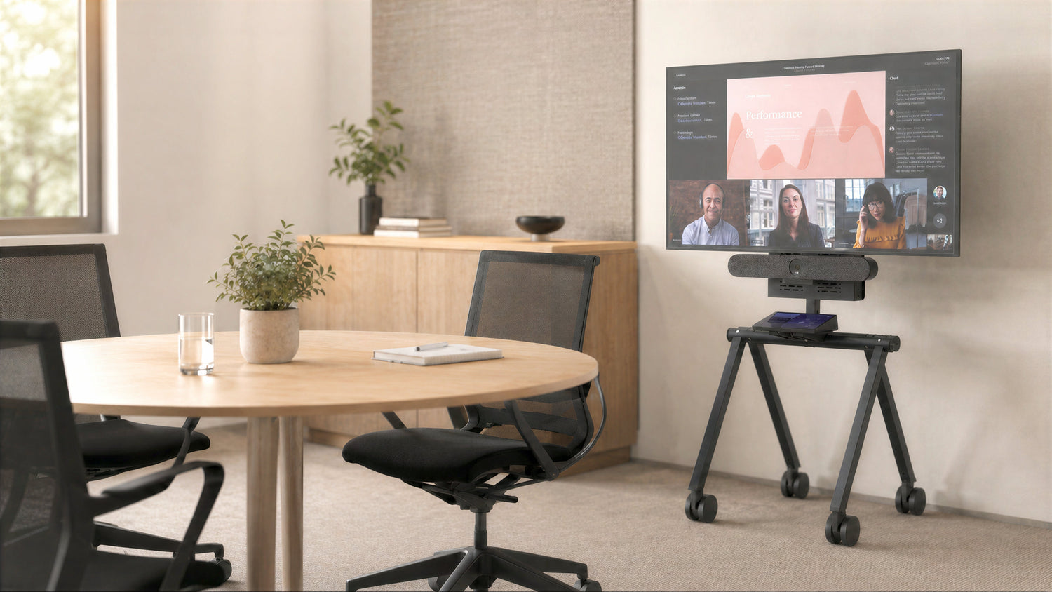 Heckler Express Install Rolling Stand in a meeting room with display and camera.