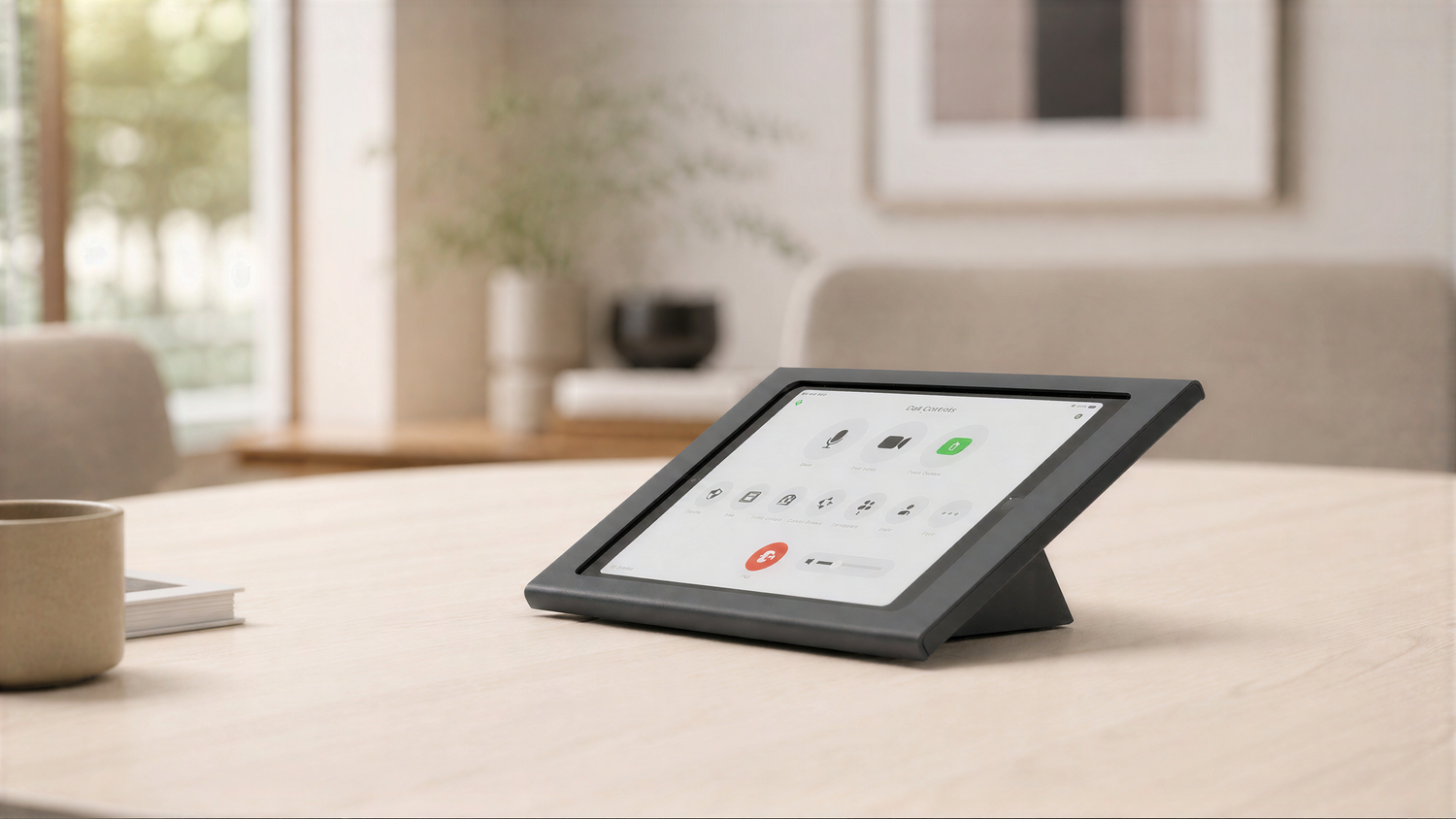 Zoom Rooms Console for iPad 10.2-inch installed on a table.