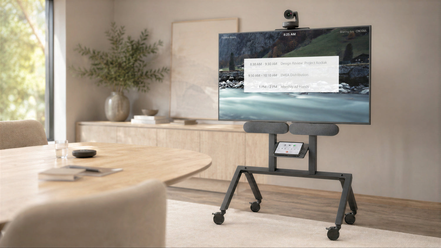 Heckler AV Cart for Logitech Rally Plus in a meeting space.