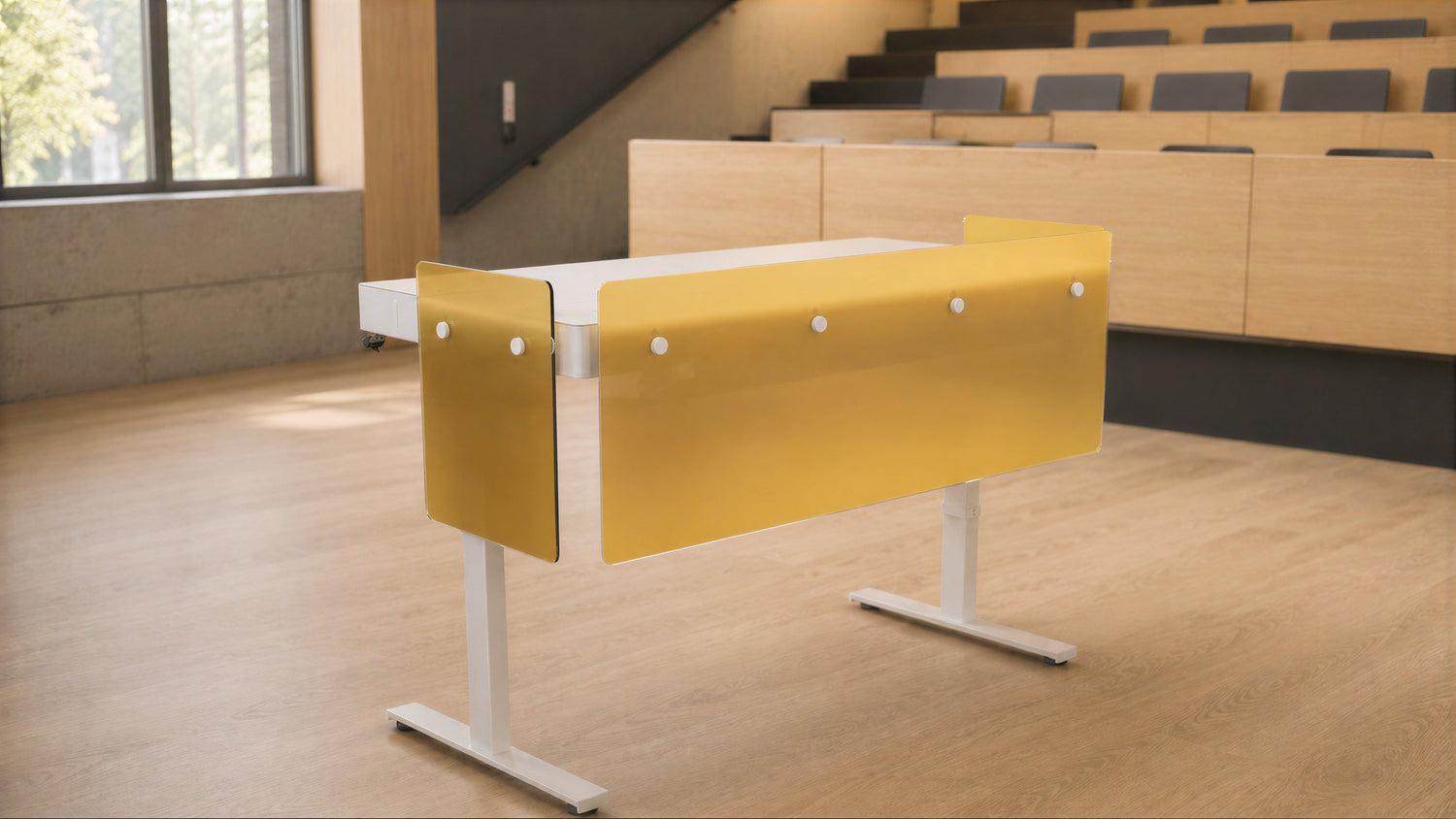 Premium Modesty Panel Set for Heckler Lectern 6U installed in a lecture room.